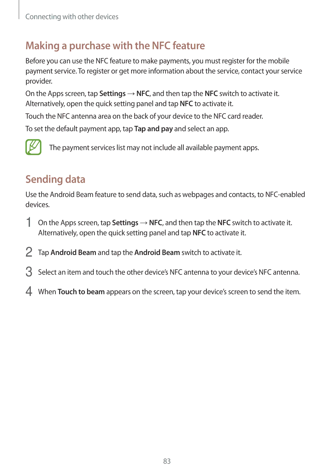 Samsung SM-G313FHAACEL, SM-G313FHAAKSA, SM-G313FRWAKSA, SM-G313FRWAXSG Making a purchase with the NFC feature, Sending data 