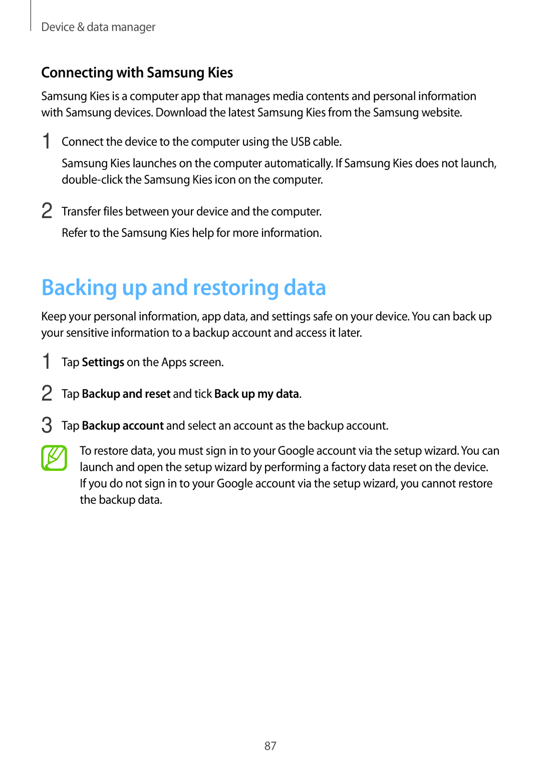 Samsung SM-G313FRWAPTR, SM-G313FHAAKSA, SM-G313FRWAKSA manual Backing up and restoring data, Connecting with Samsung Kies 