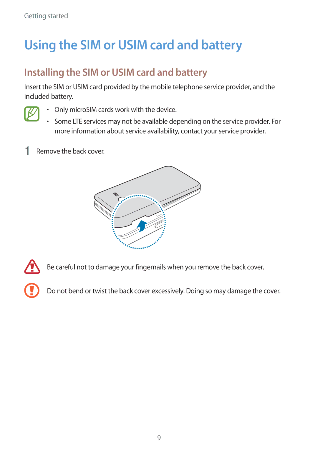 Samsung SM-G313FHAAPTR, SM-G313FHAAKSA Using the SIM or Usim card and battery, Installing the SIM or Usim card and battery 