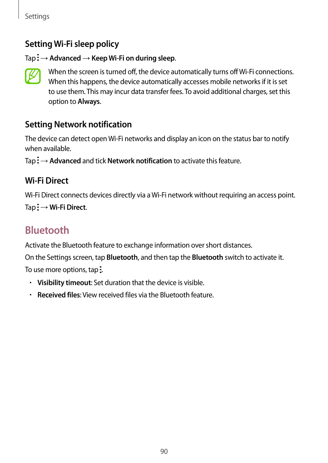 Samsung SM-G313FRWAXSG, SM-G313FHAAKSA Bluetooth, Setting Wi-Fi sleep policy, Setting Network notification, Wi-Fi Direct 