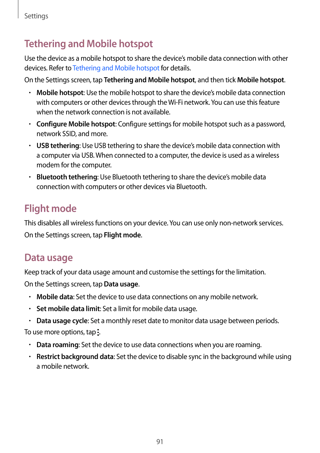 Samsung SM-G313FHAAXSG, SM-G313FHAAKSA, SM-G313FRWAKSA, SM-G313FRWAXSG Tethering and Mobile hotspot, Flight mode, Data usage 