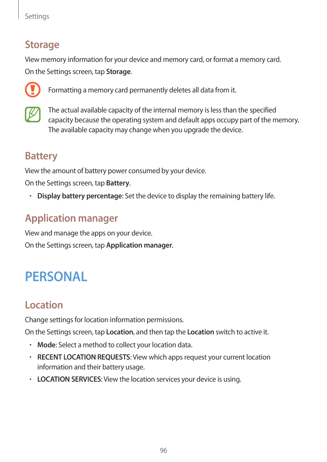 Samsung SM-G313FRWAILO, SM-G313FHAAKSA, SM-G313FRWAKSA, SM-G313FRWAXSG manual Storage, Battery, Application manager, Location 