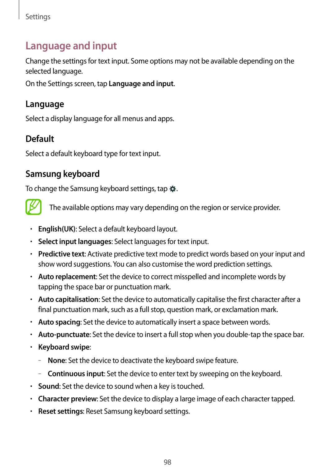 Samsung SM-G313FRWAPTR, SM-G313FHAAKSA, SM-G313FRWAKSA manual Language and input, Default, Samsung keyboard, Keyboard swipe 