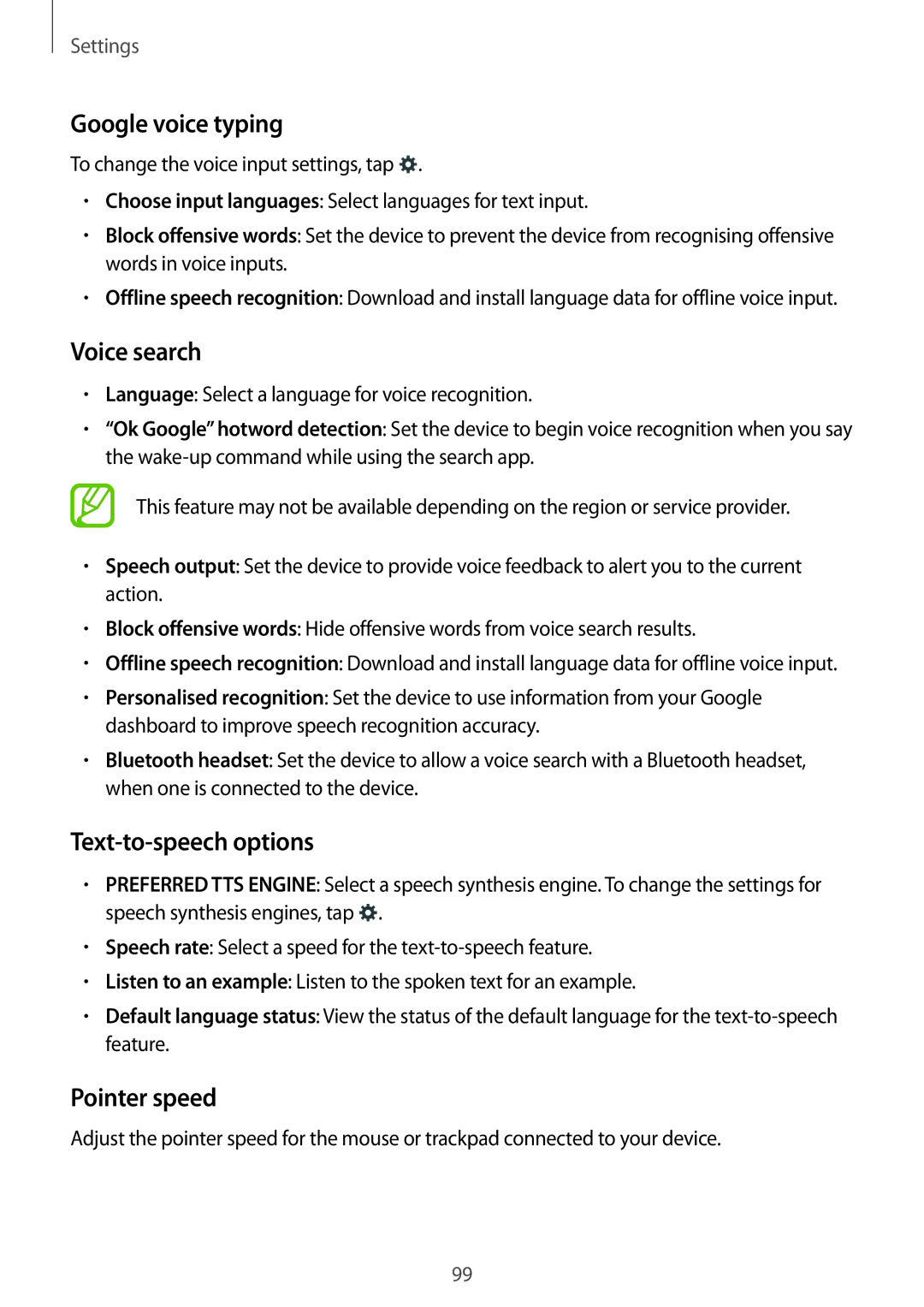 Samsung SM-G313FHAAKSA, SM-G313FRWAKSA, SM-G313FRWAXSG manual Google voice typing, Text-to-speech options, Pointer speed 
