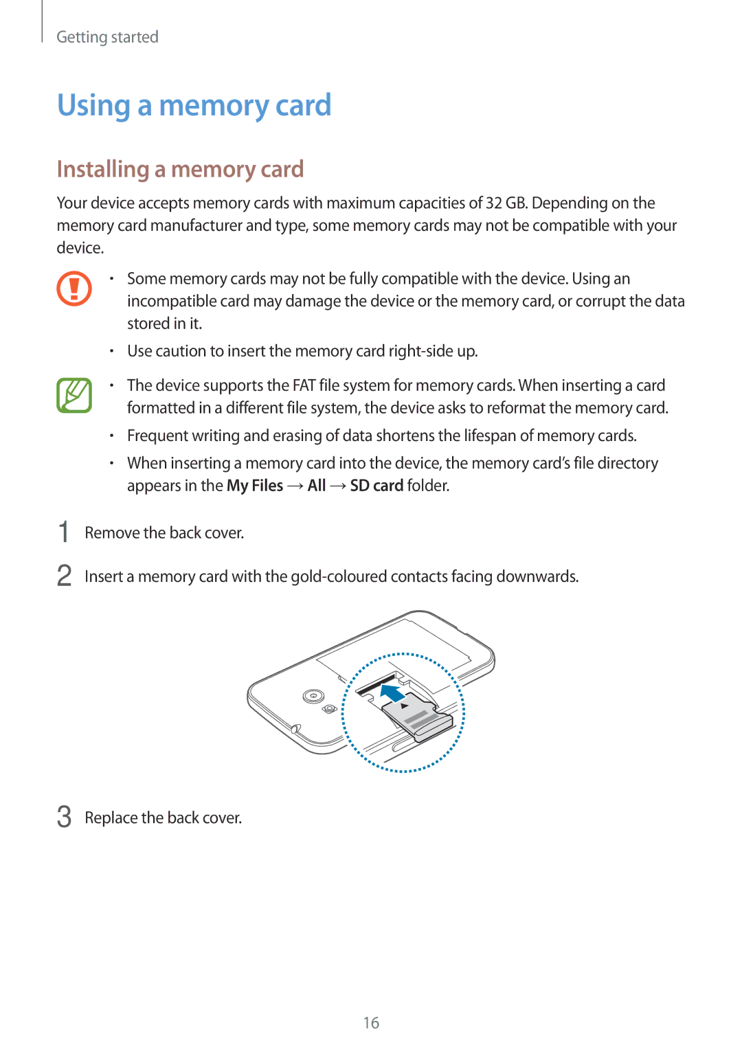 Samsung SM-G313HRWAMID, SM-G313HHAHEGY, SM-G313HRWAKSA, SM-G313HRWBTUN manual Using a memory card, Installing a memory card 