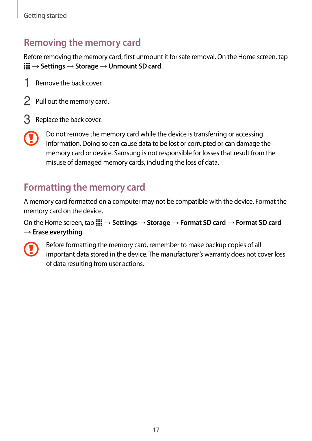 Samsung SM-G313HRWATUN manual Removing the memory card, Formatting the memory card, →Settings →Storage →Unmount SD card 