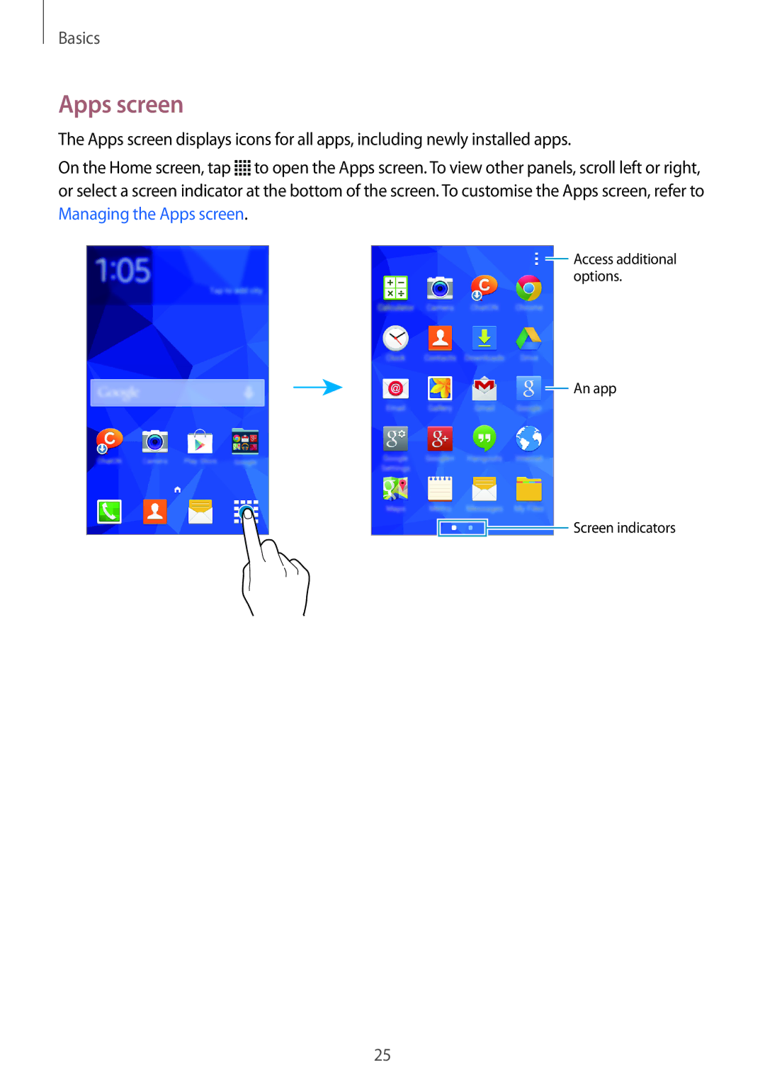 Samsung SM-G313HZKAPAK, SM-G313HHAHEGY, SM-G313HRWAKSA, SM-G313HRWBTUN, SM-G313HRWHBTC, SM-G313HRWHCAC manual Apps screen 