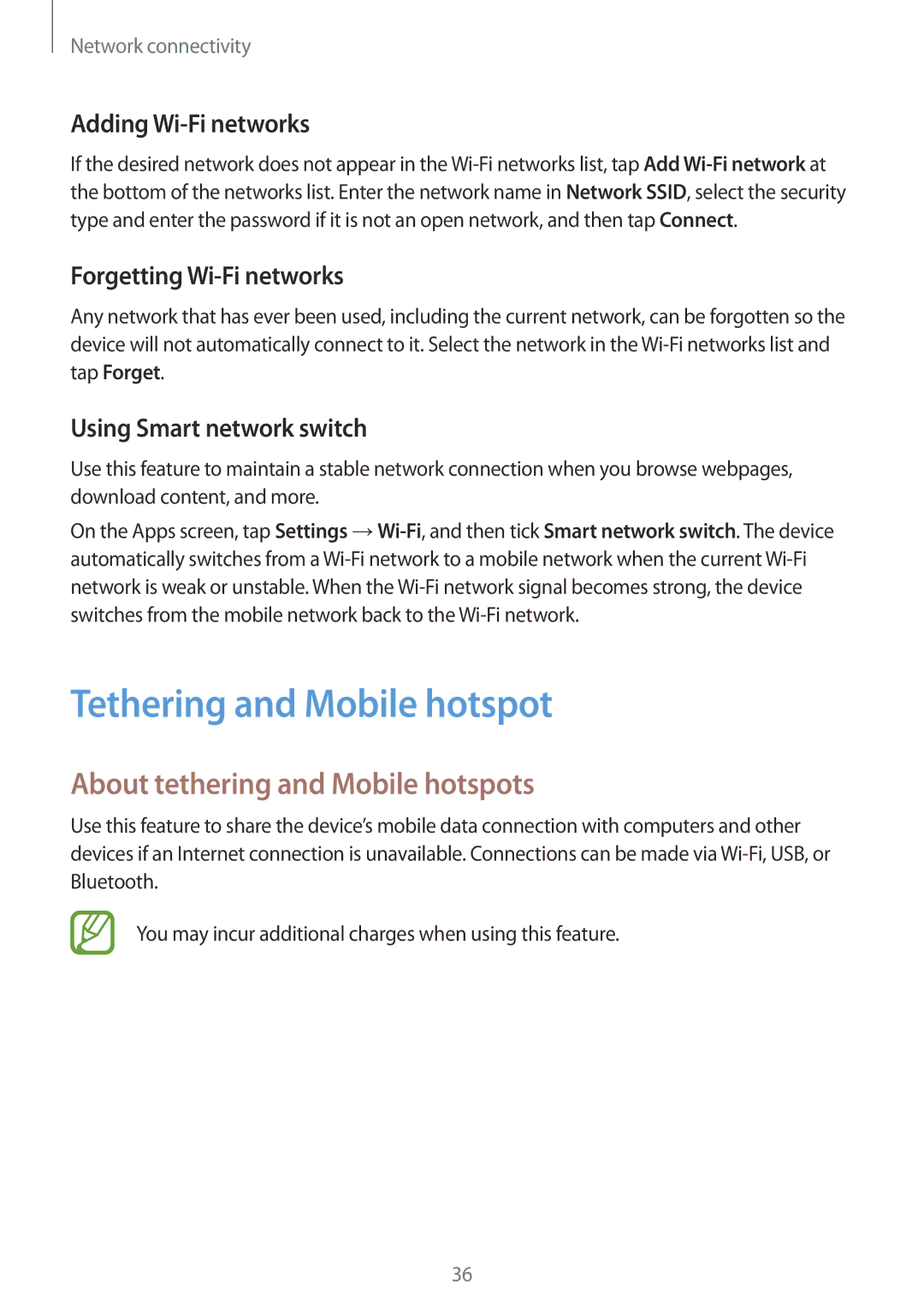 Samsung SM-G313HRWDTUN manual Tethering and Mobile hotspot, About tethering and Mobile hotspots, Adding Wi-Fi networks 