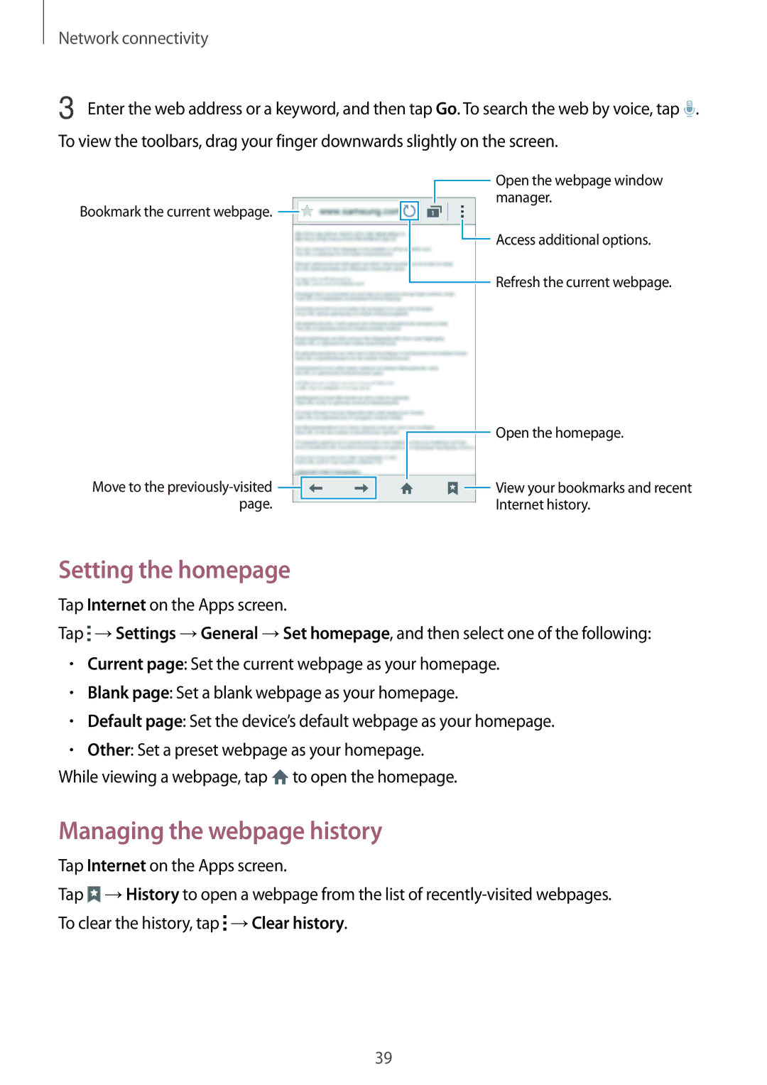 Samsung SM-G313HZKAAFG, SM-G313HHAHEGY, SM-G313HRWAKSA, SM-G313HRWBTUN Setting the homepage, Managing the webpage history 