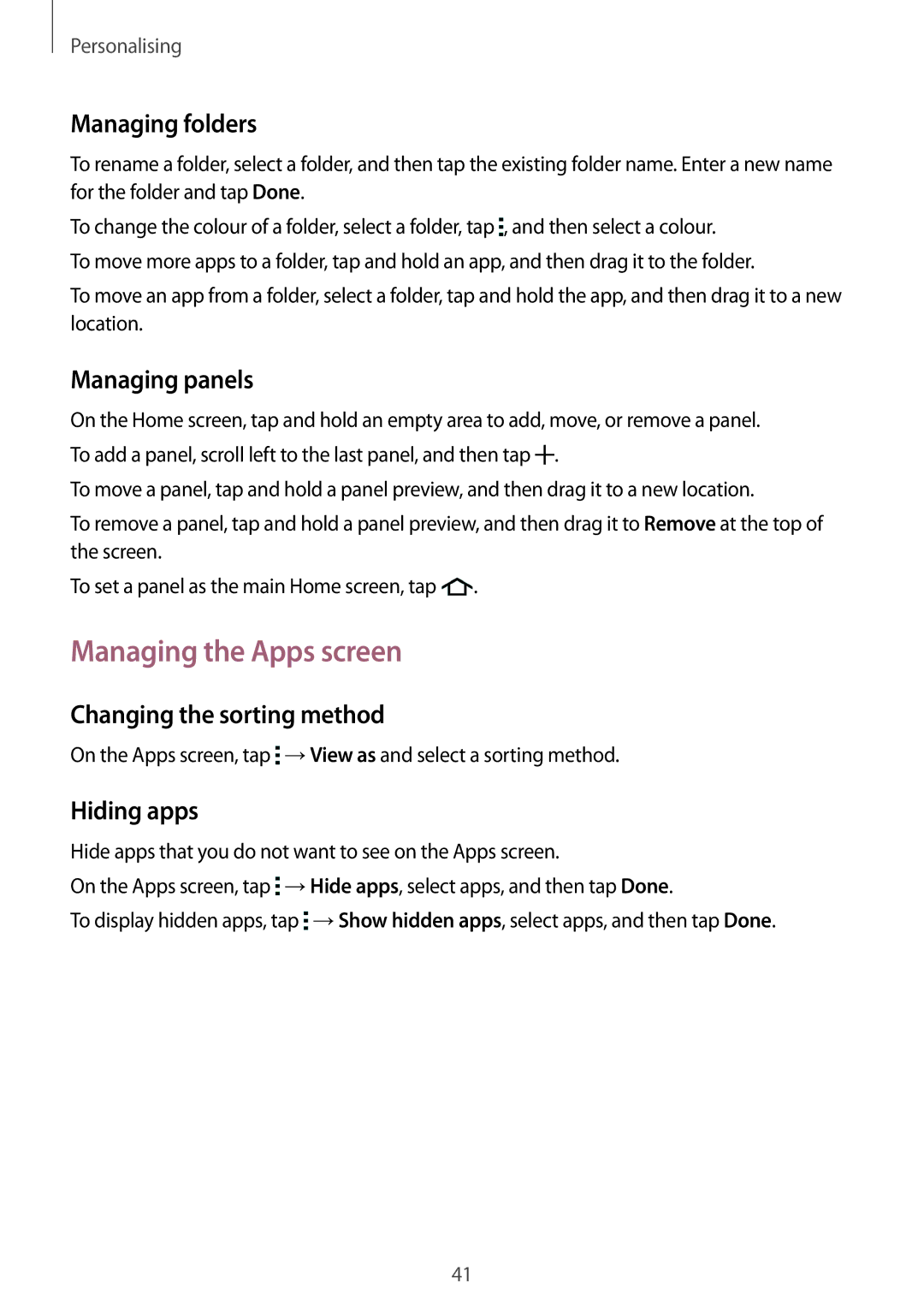 Samsung SM-G313HZKDXFE manual Managing the Apps screen, Managing folders, Managing panels, Changing the sorting method 