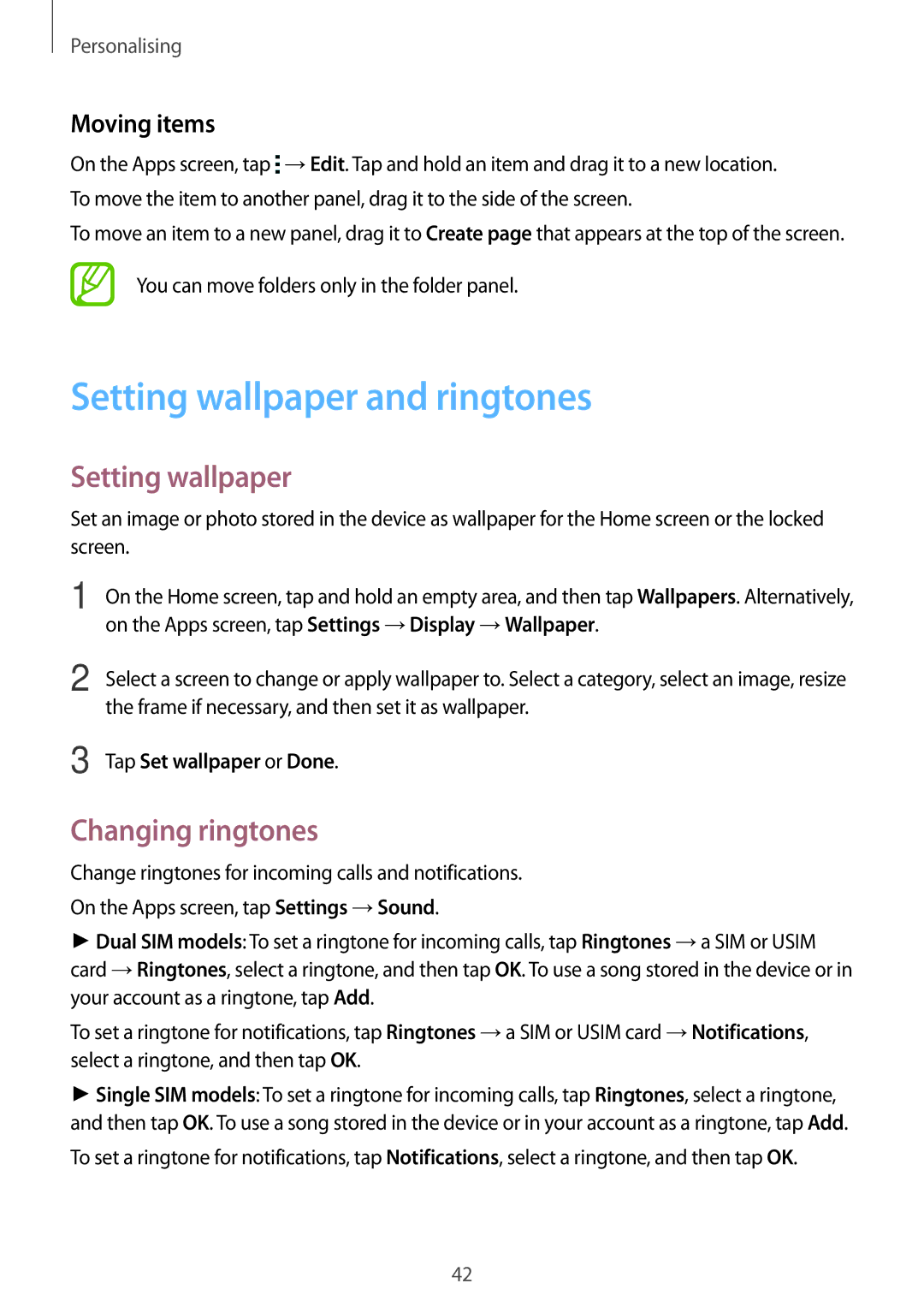 Samsung SM-G313HRWHAFR manual Setting wallpaper and ringtones, Changing ringtones, Moving items, Tap Set wallpaper or Done 