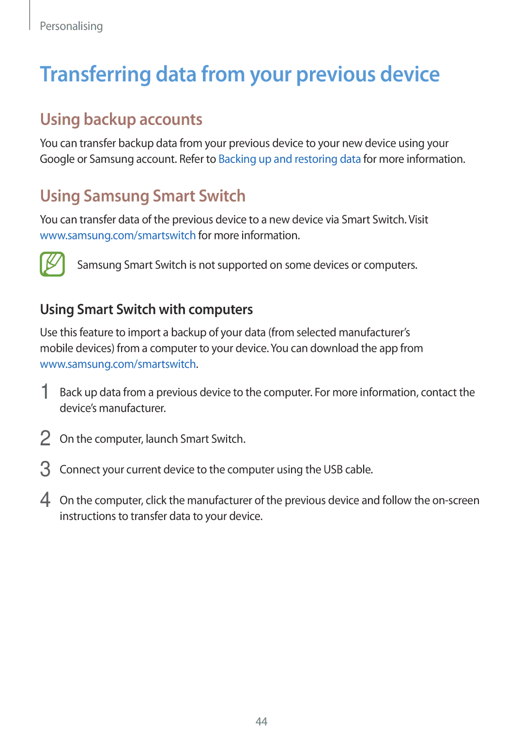 Samsung SM-G313HRWHSEE Transferring data from your previous device, Using backup accounts, Using Samsung Smart Switch 