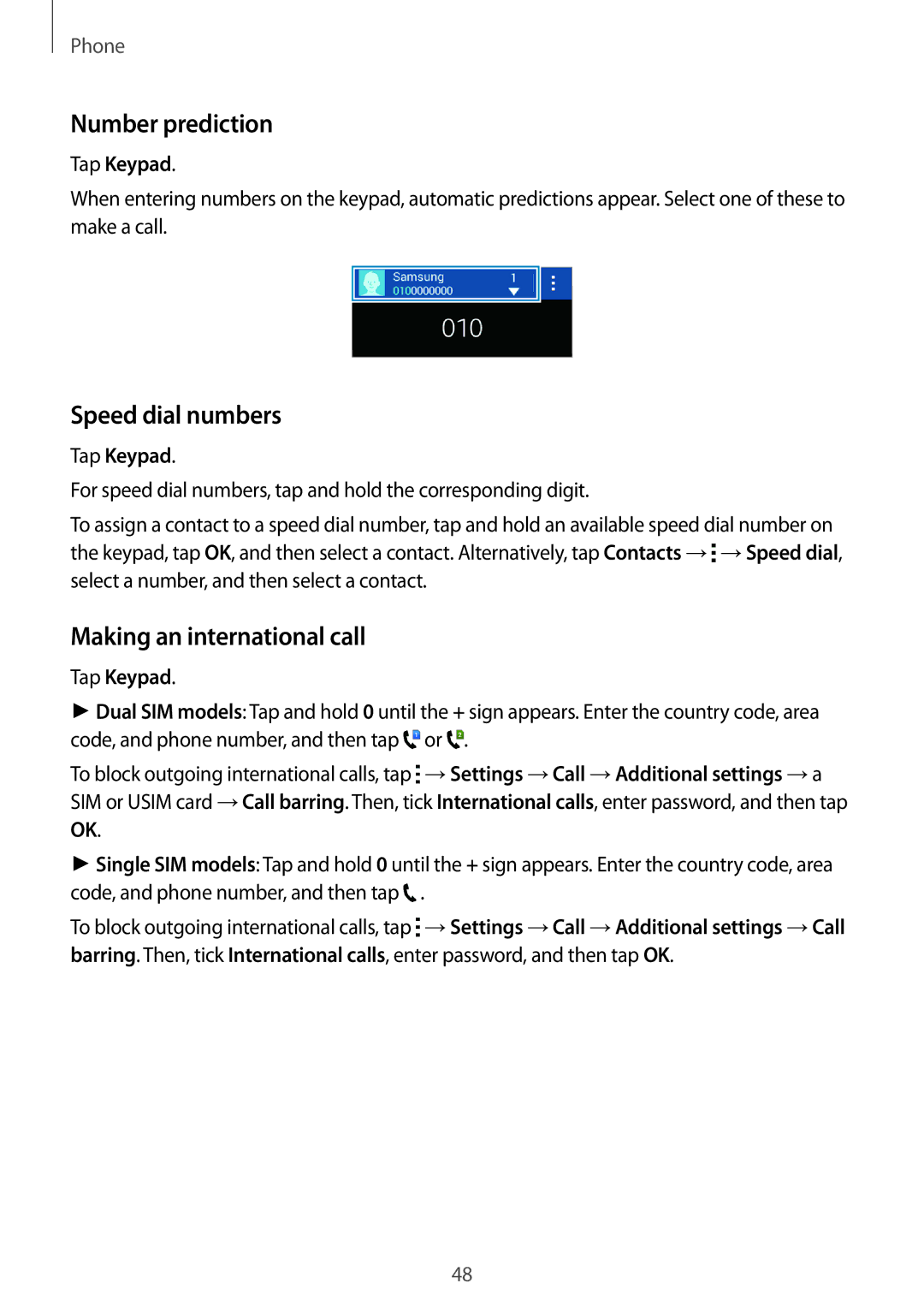 Samsung SM-G313HHAHLYS, SM-G313HHAHEGY Number prediction, Speed dial numbers, Making an international call, Tap Keypad 