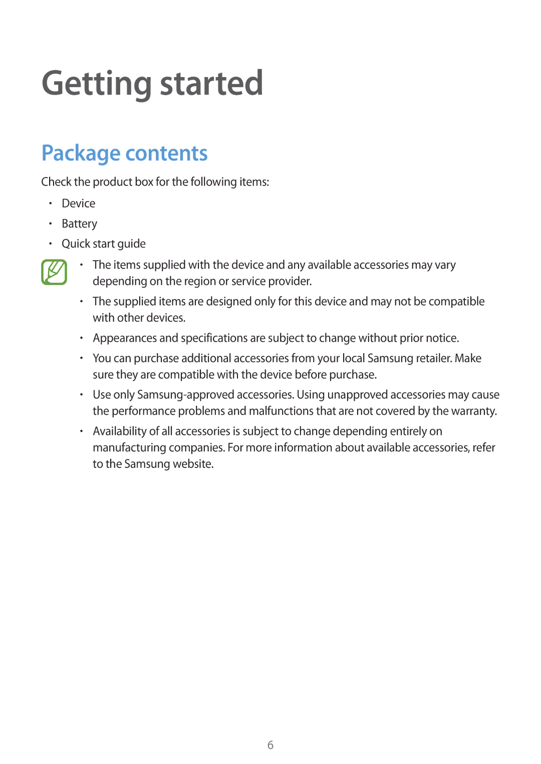 Samsung SM-G313HZKDECT, SM-G313HHAHEGY, SM-G313HRWAKSA, SM-G313HRWBTUN, SM-G313HRWHBTC manual Getting started, Package contents 