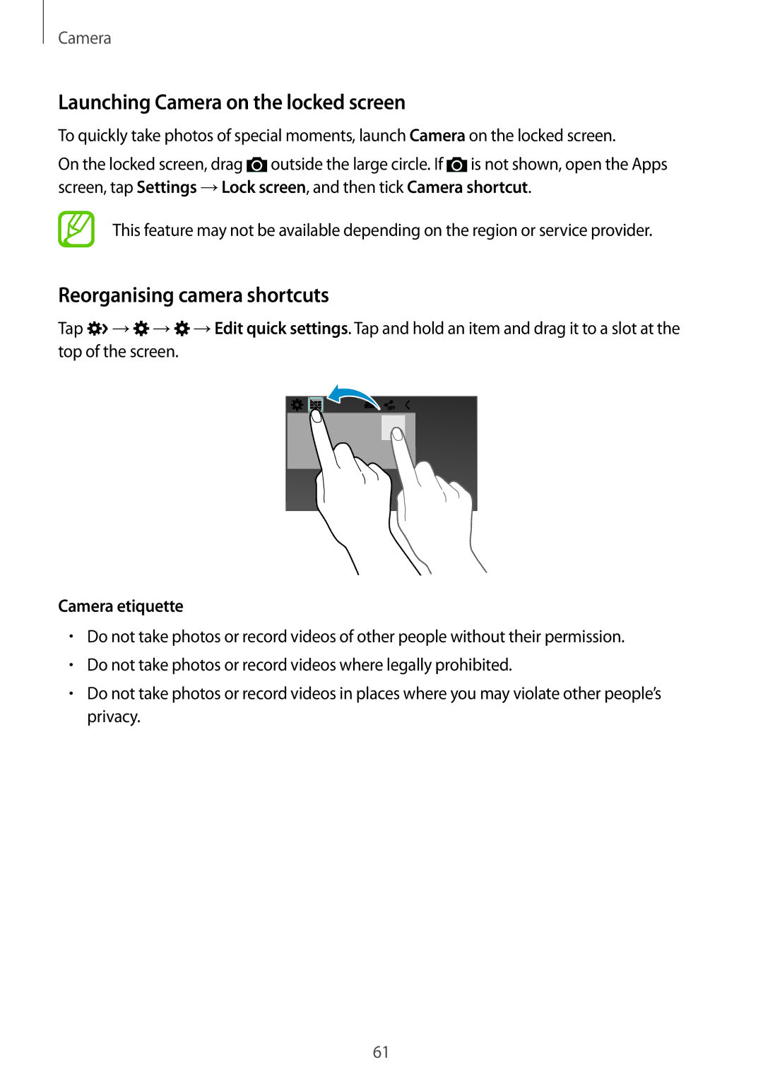 Samsung SM-G313HZKANEE manual Launching Camera on the locked screen, Reorganising camera shortcuts, Camera etiquette 