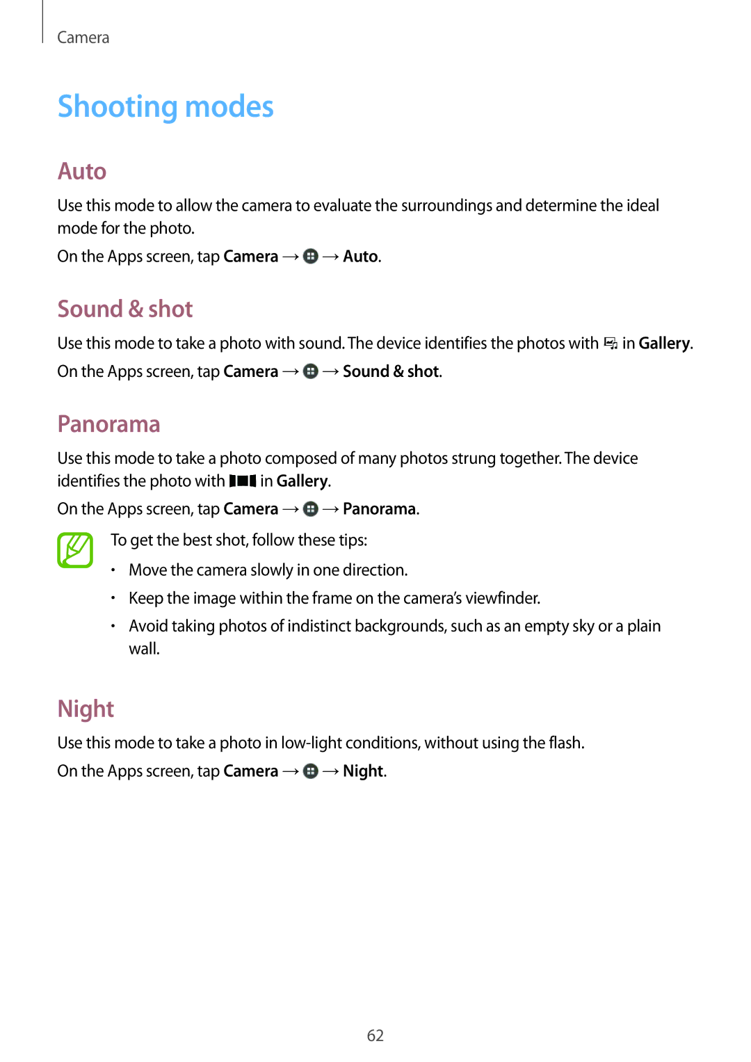 Samsung SM-G313HRWANEE, SM-G313HHAHEGY, SM-G313HRWAKSA, SM-G313HRWBTUN Shooting modes, Auto, Sound & shot, Panorama, Night 