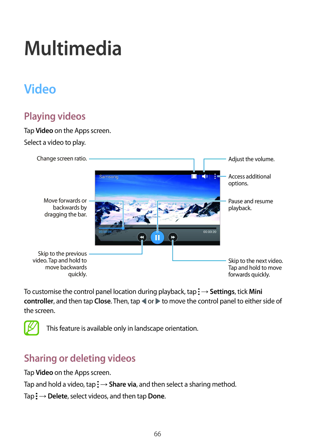 Samsung SM-G313HZKDSER, SM-G313HHAHEGY, SM-G313HRWAKSA manual Multimedia, Video, Playing videos, Sharing or deleting videos 