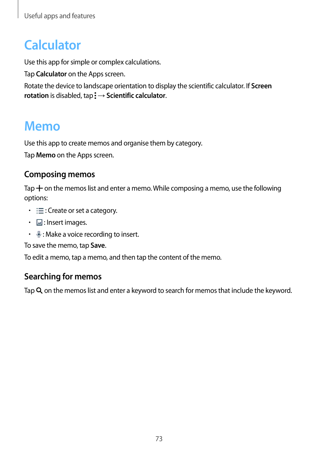 Samsung SM-G313HRWHCAC, SM-G313HHAHEGY, SM-G313HRWAKSA manual Calculator, Memo, Composing memos, Searching for memos 