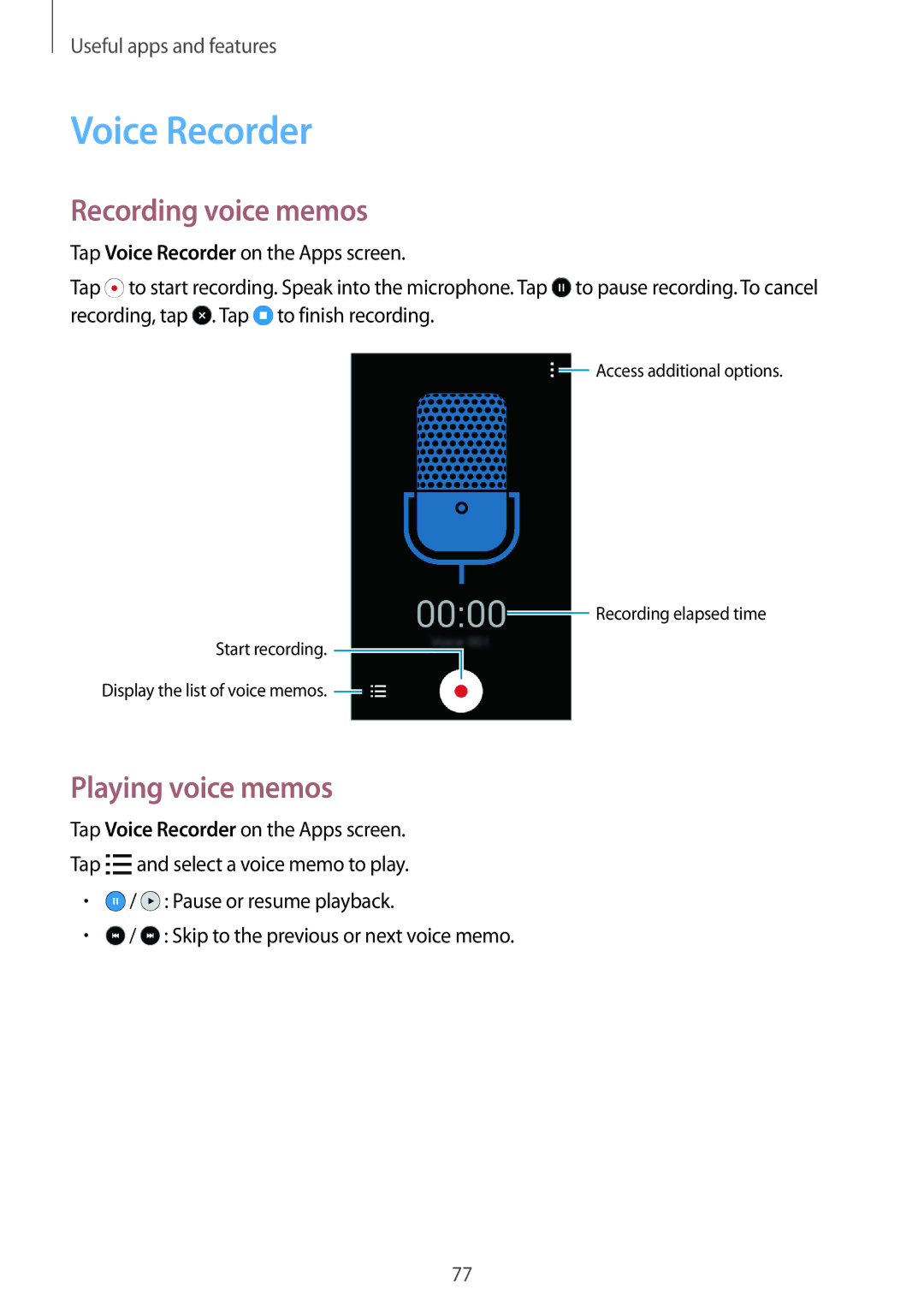 Samsung SM-G313HHAHKSA, SM-G313HHAHEGY, SM-G313HRWAKSA manual Voice Recorder, Recording voice memos, Playing voice memos 