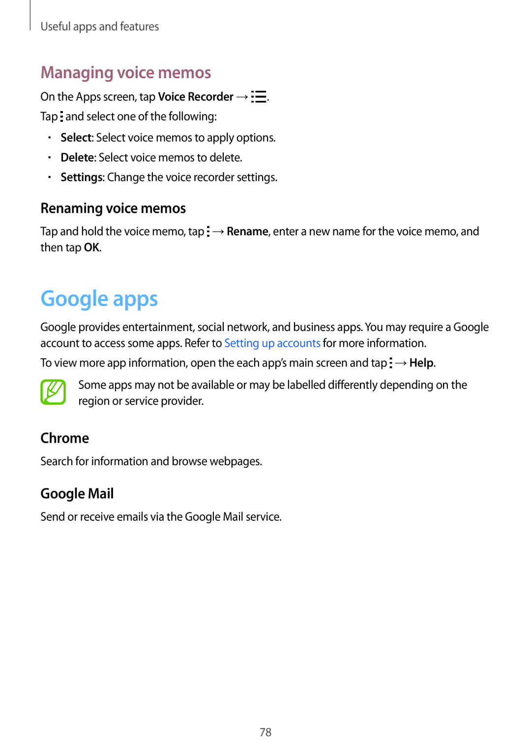 Samsung SM-G313HRWDACR, SM-G313HHAHEGY manual Google apps, Managing voice memos, Renaming voice memos, Chrome, Google Mail 