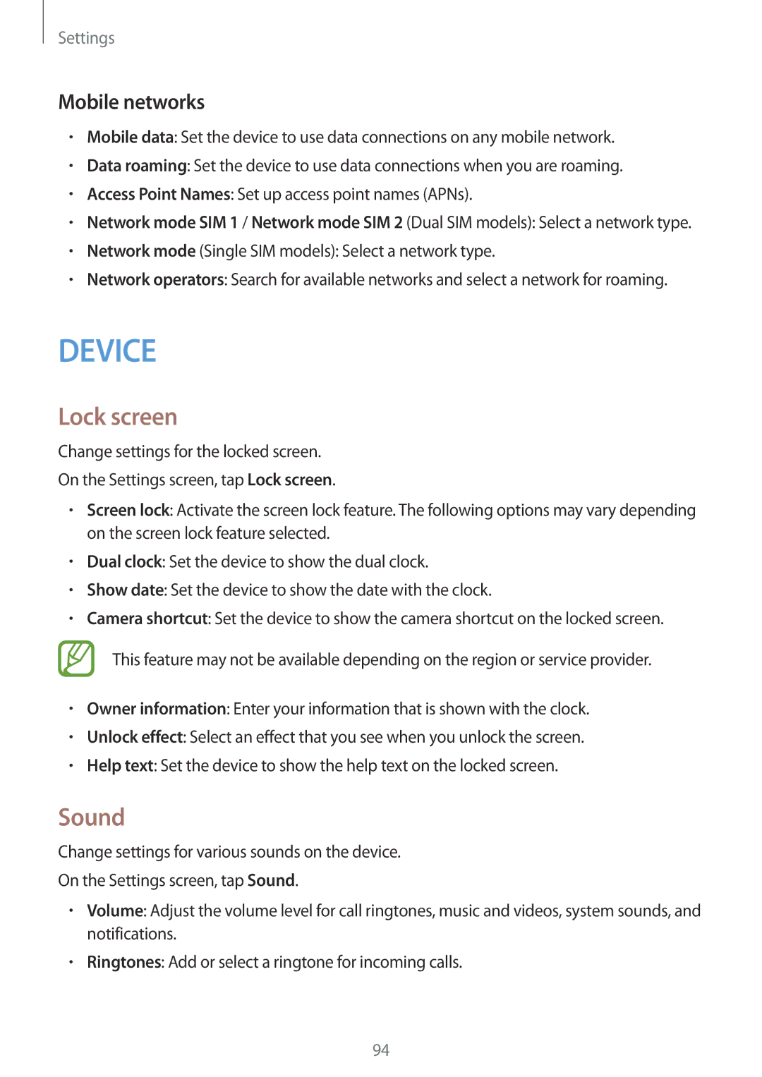 Samsung SM-G313HZKAPAK, SM-G313HHAHEGY, SM-G313HRWAKSA, SM-G313HRWBTUN, SM-G313HRWHBTC Lock screen, Sound, Mobile networks 