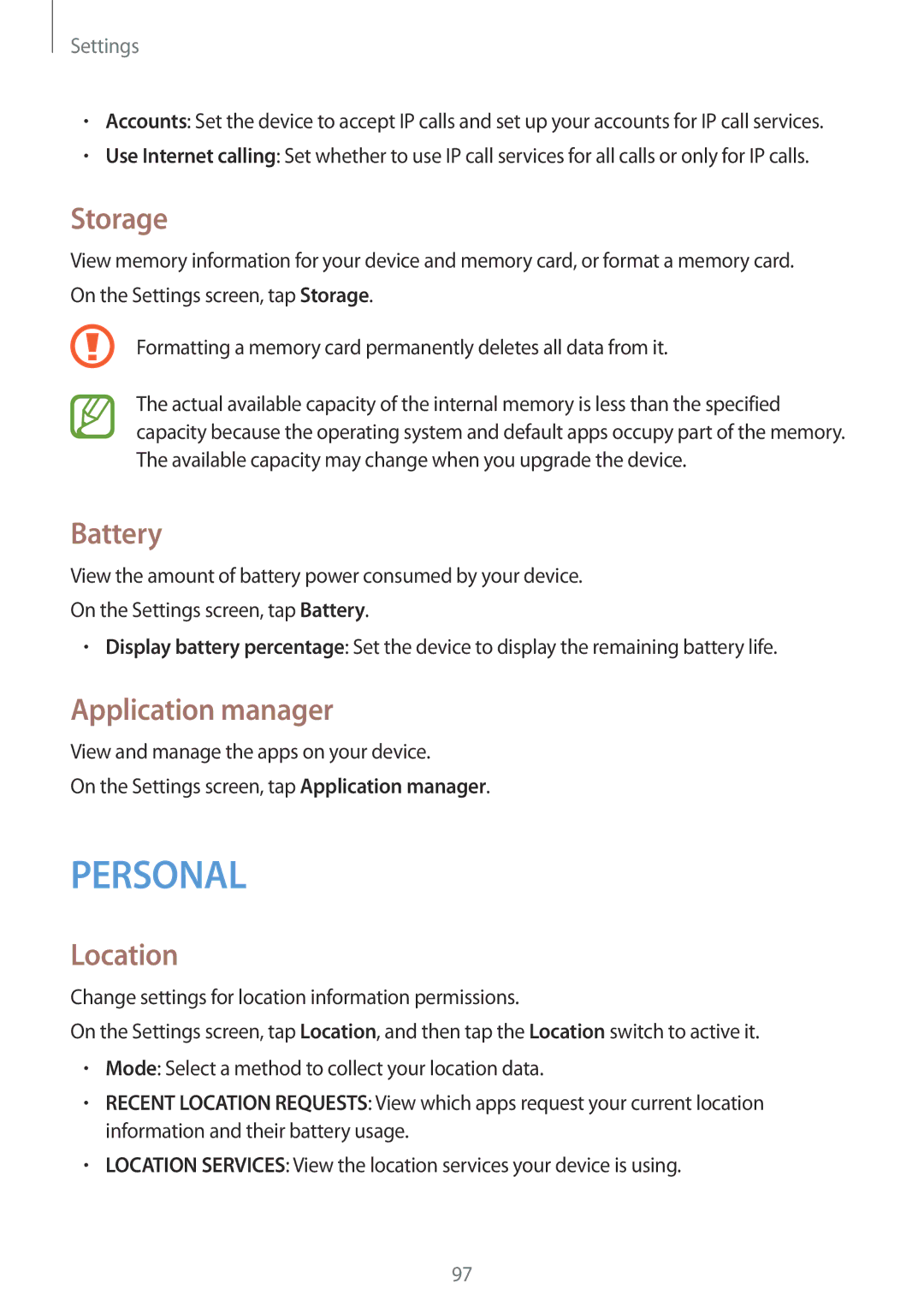 Samsung SM-G313HHAHAFR, SM-G313HHAHEGY, SM-G313HRWAKSA, SM-G313HRWBTUN manual Storage, Battery, Application manager, Location 