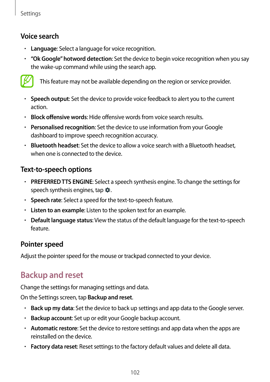Samsung SM-G313HRWHXSG, SM-G313HHAHEGY, SM-G313HRWBTUN manual Backup and reset, Text-to-speech options, Pointer speed 