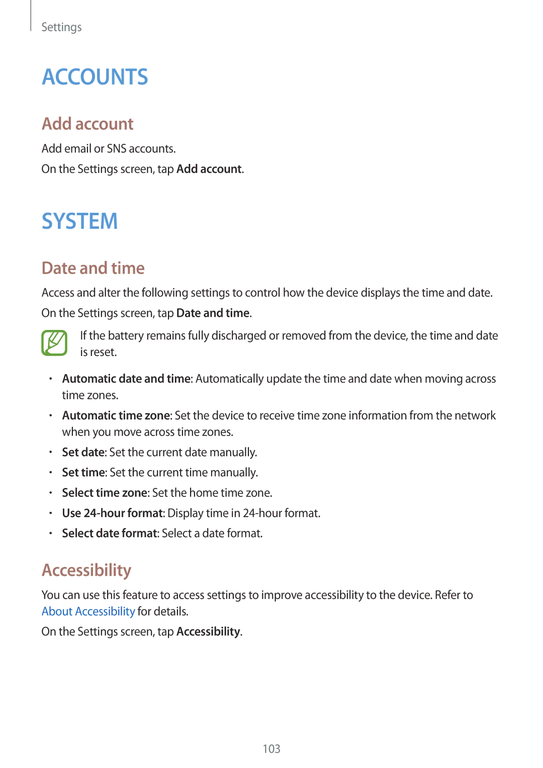Samsung SM-G313HRWHTHR, SM-G313HHAHEGY, SM-G313HRWBTUN, SM-G313HRWHBTC manual Add account, Date and time, Accessibility 