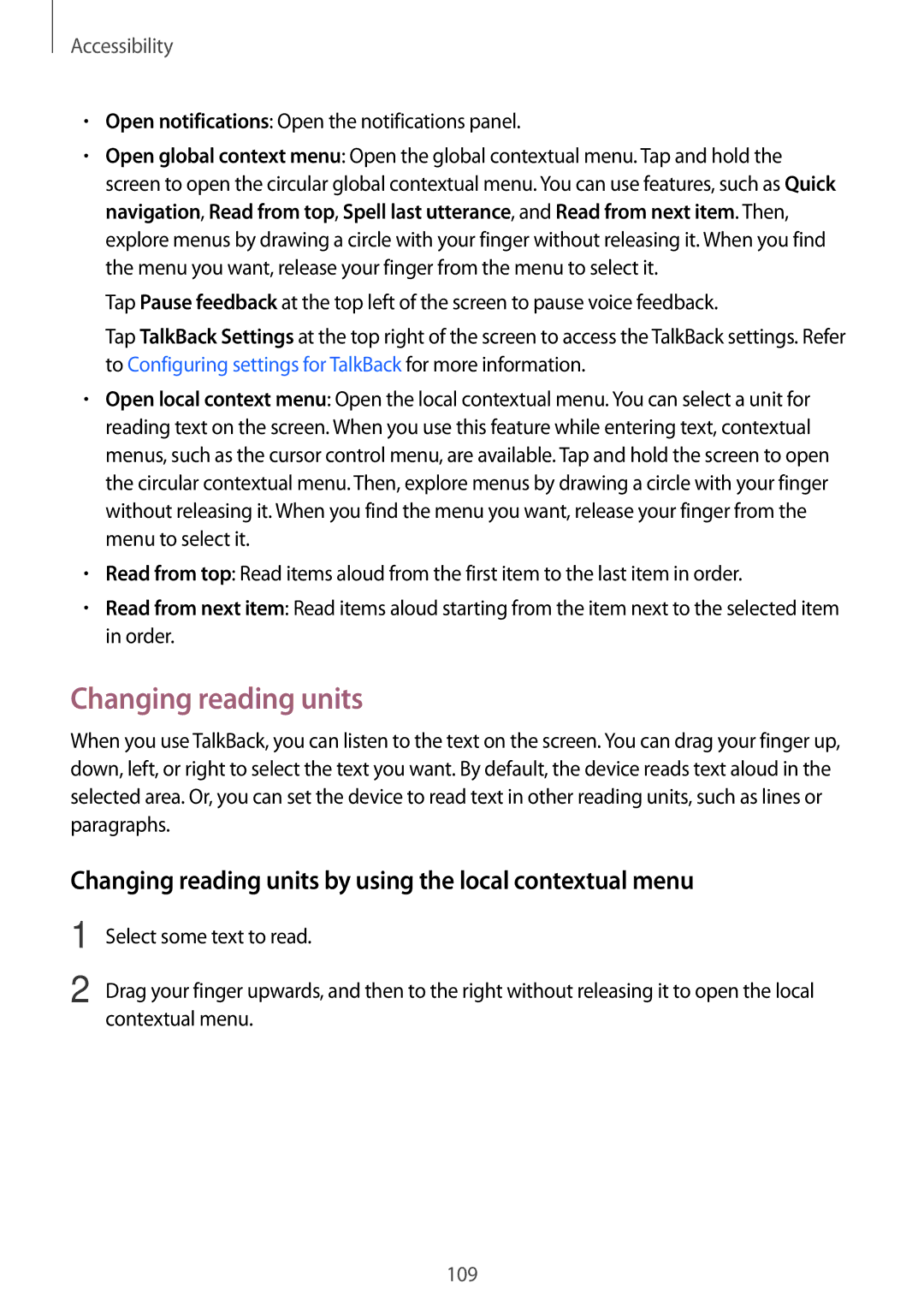 Samsung SM-G313HHAHVVT, SM-G313HHAHEGY, SM-G313HRWBTUN manual Changing reading units by using the local contextual menu 