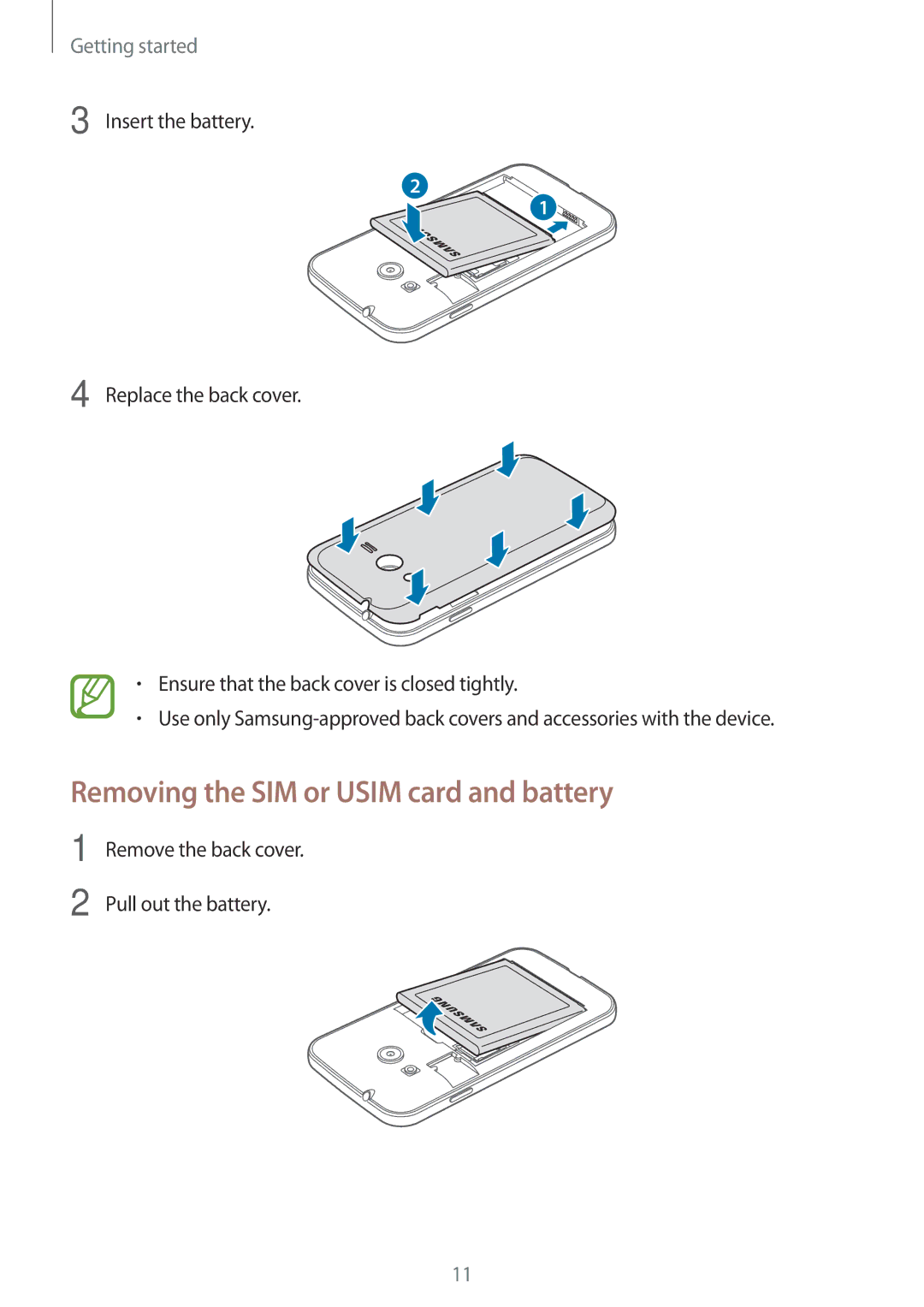 Samsung SM-G313HHAHXSG manual Removing the SIM or Usim card and battery, Remove the back cover Pull out the battery 