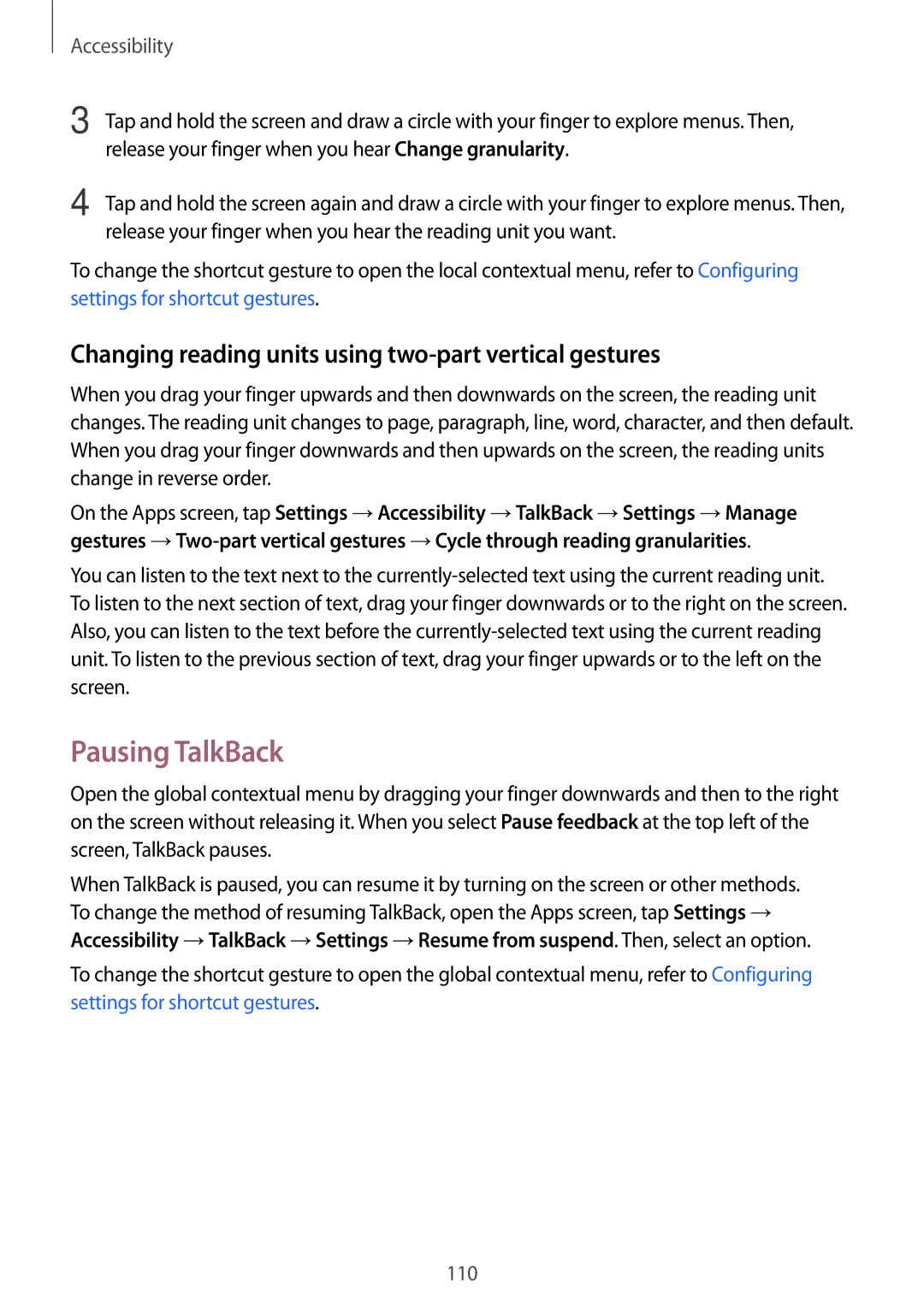 Samsung SM-G313HHAHCOA, SM-G313HHAHEGY manual Pausing TalkBack, Changing reading units using two-part vertical gestures 