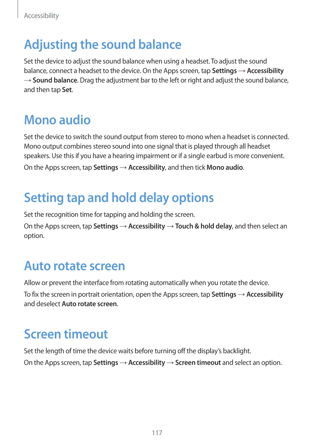 Samsung SM-G313HHAHEGY Adjusting the sound balance, Mono audio, Setting tap and hold delay options, Auto rotate screen 