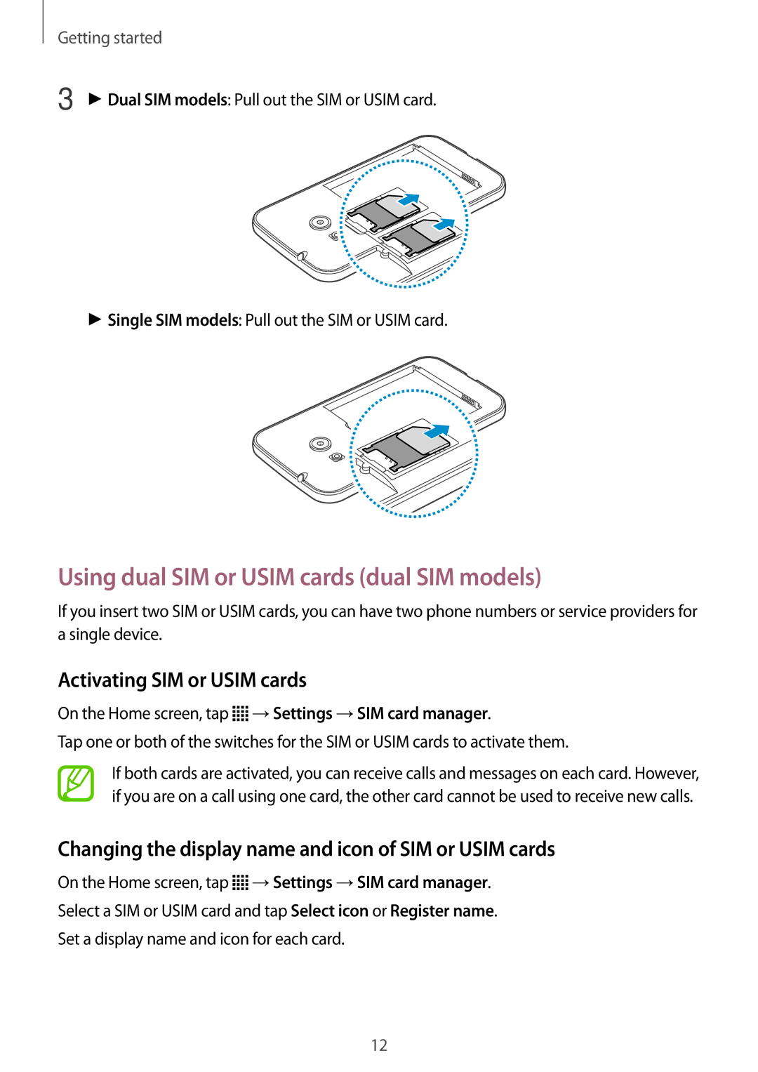 Samsung SM-G313HHAHAFR, SM-G313HHAHEGY manual Using dual SIM or Usim cards dual SIM models, Activating SIM or Usim cards 