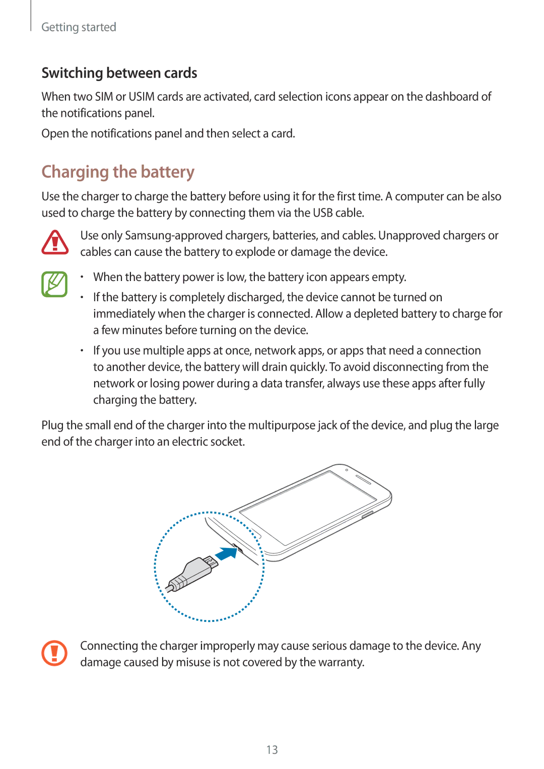 Samsung SM-G313HHAHTUN, SM-G313HHAHEGY, SM-G313HRWBTUN, SM-G313HRWHBTC manual Charging the battery, Switching between cards 