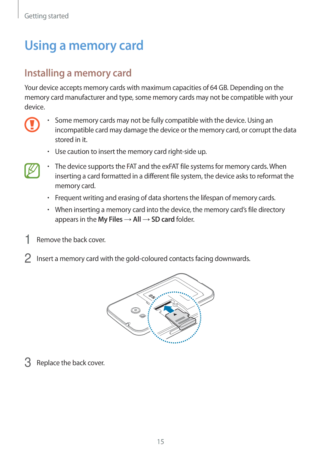 Samsung SM-G313HHAHTHR, SM-G313HHAHEGY, SM-G313HRWBTUN, SM-G313HRWHBTC manual Using a memory card, Installing a memory card 