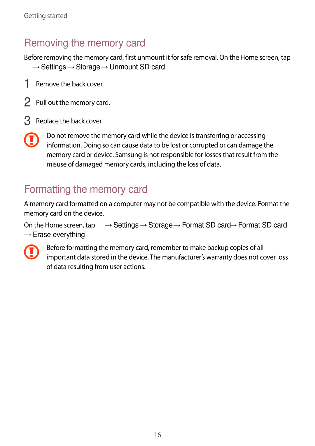 Samsung SM-G313HRWHAFG manual Removing the memory card, Formatting the memory card, →Settings →Storage →Unmount SD card 