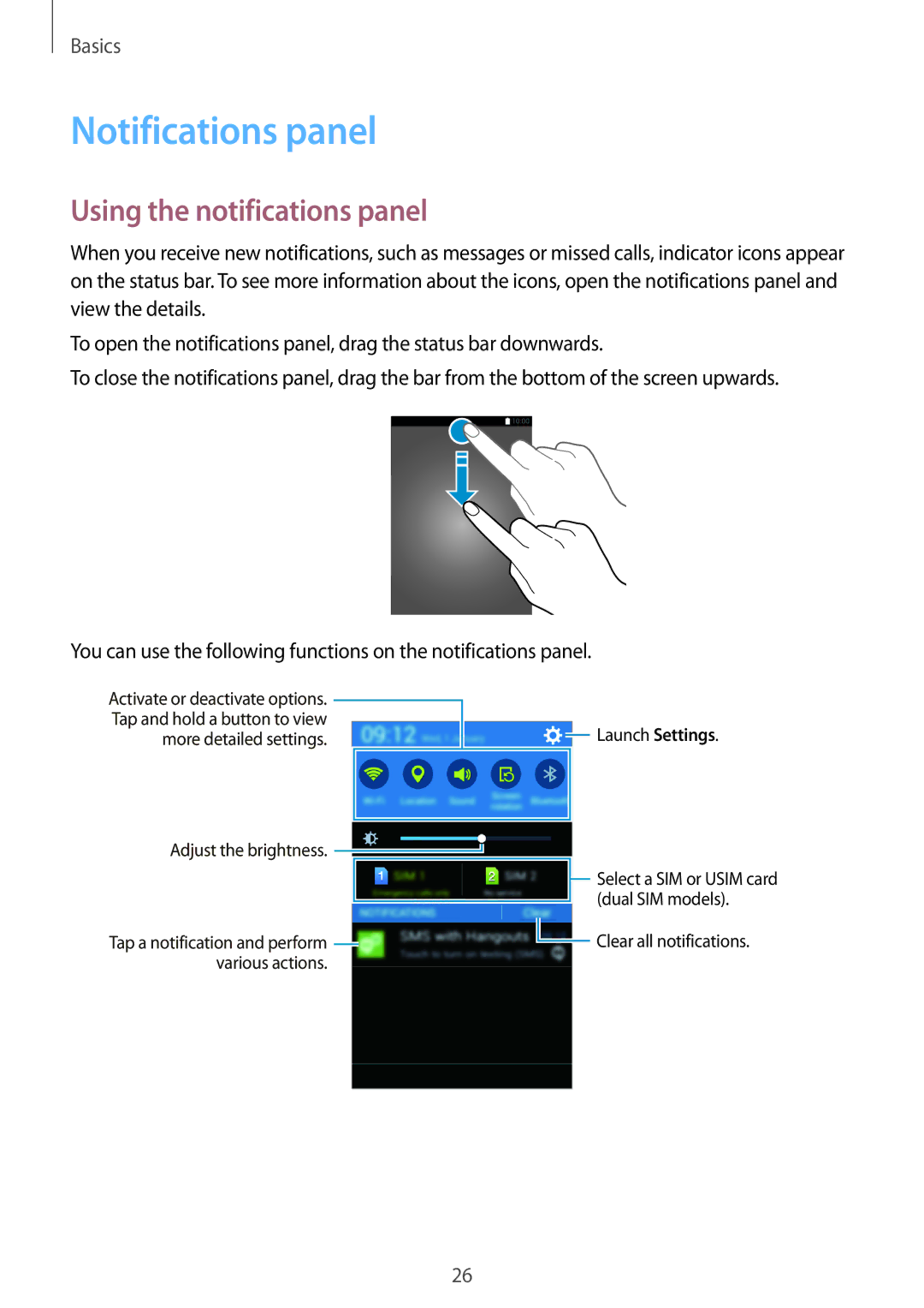 Samsung SM-G313HHAHAFG, SM-G313HHAHEGY, SM-G313HRWBTUN, SM-G313HRWHBTC Notifications panel, Using the notifications panel 