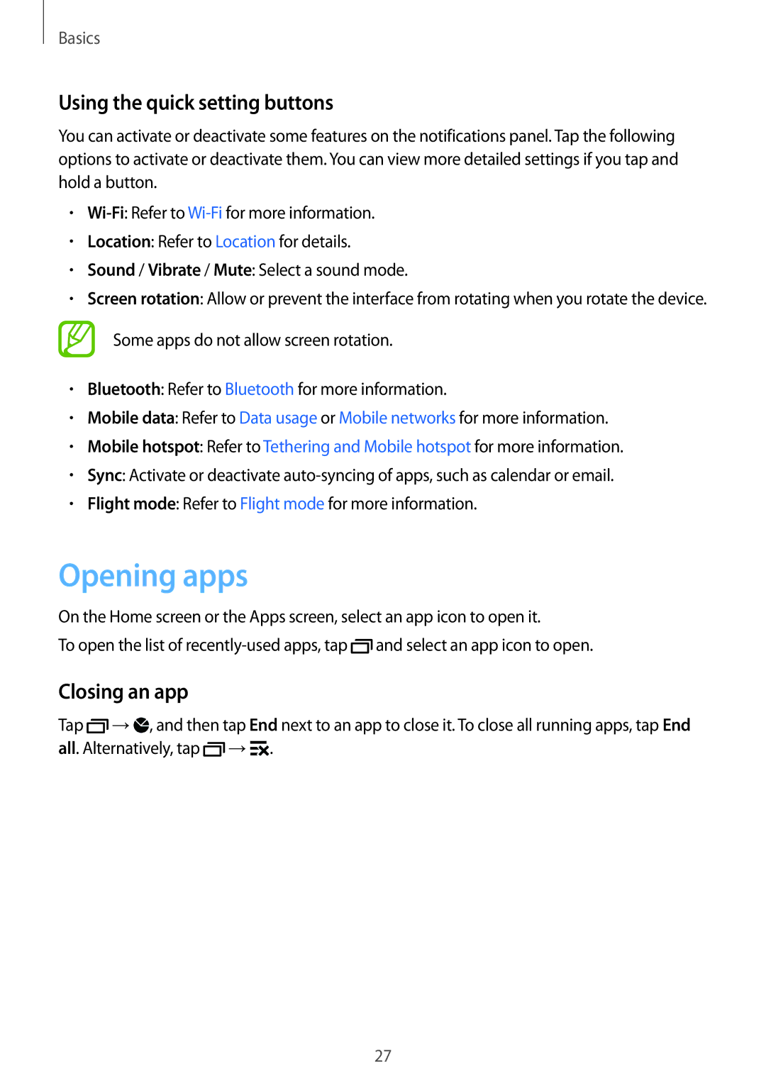 Samsung SM-G313HHAHPAK, SM-G313HHAHEGY, SM-G313HRWBTUN manual Opening apps, Using the quick setting buttons, Closing an app 