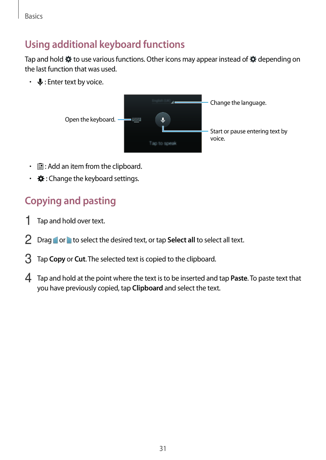 Samsung SM-G313HHAHVVT, SM-G313HHAHEGY, SM-G313HRWBTUN manual Using additional keyboard functions, Copying and pasting 