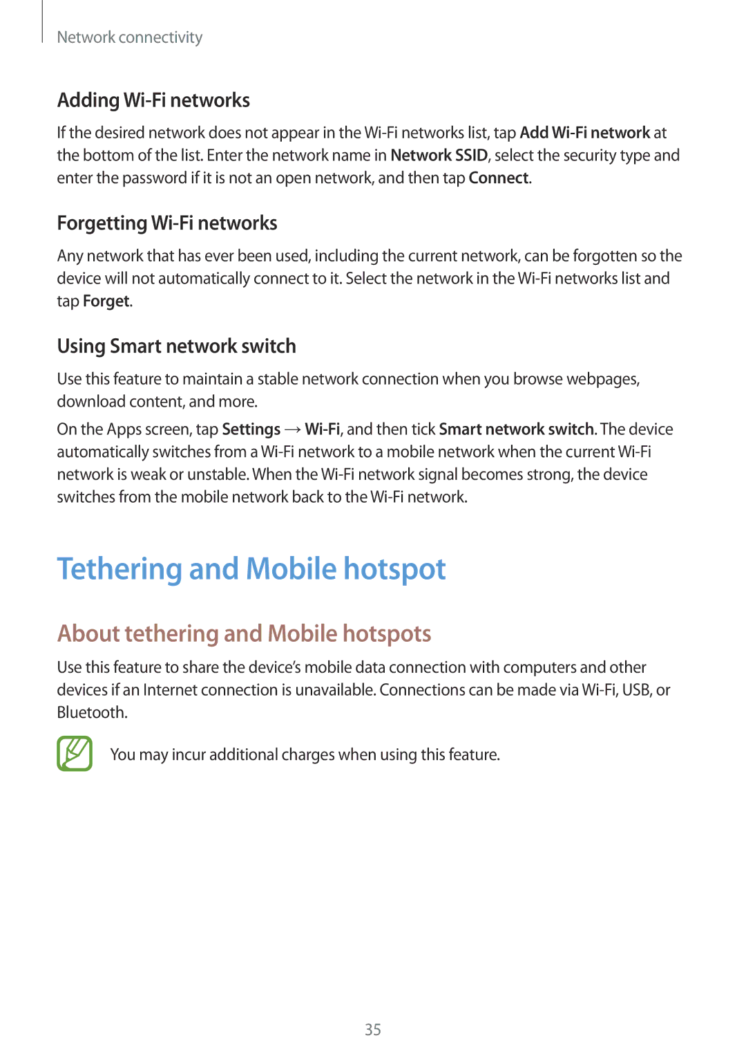 Samsung SM-G313HHAHSEB manual Tethering and Mobile hotspot, About tethering and Mobile hotspots, Adding Wi-Fi networks 