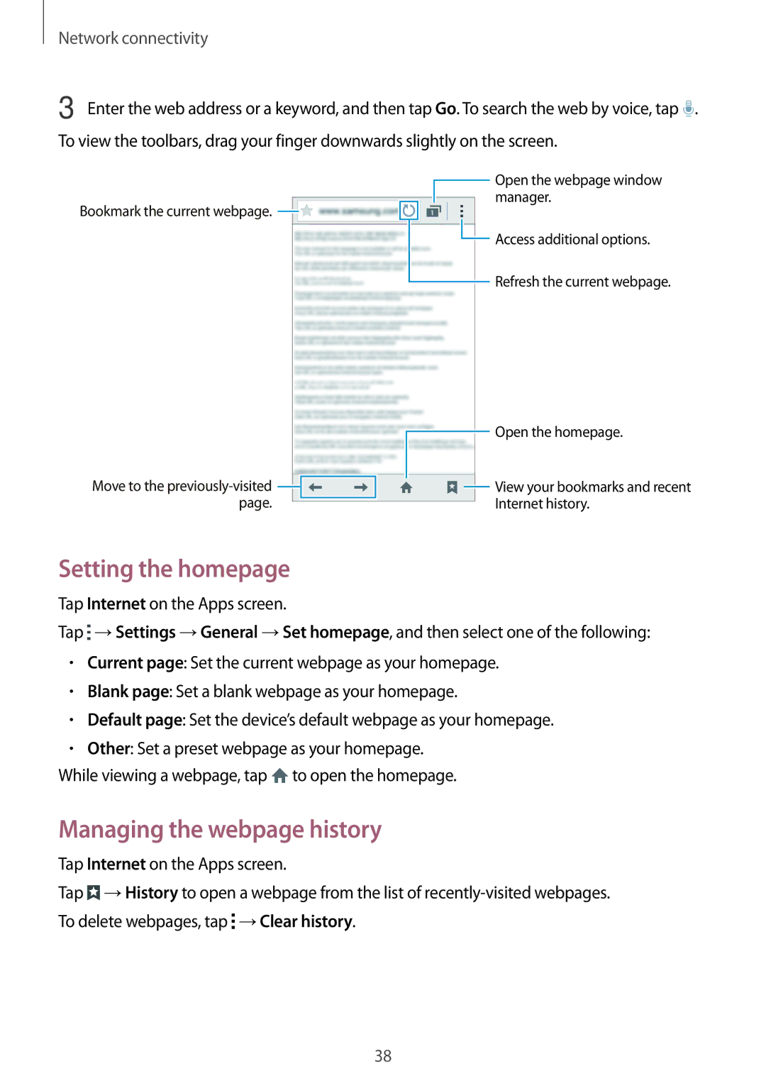 Samsung SM-G313HRWHSER, SM-G313HHAHEGY, SM-G313HRWBTUN, SM-G313HRWHBTC Setting the homepage, Managing the webpage history 