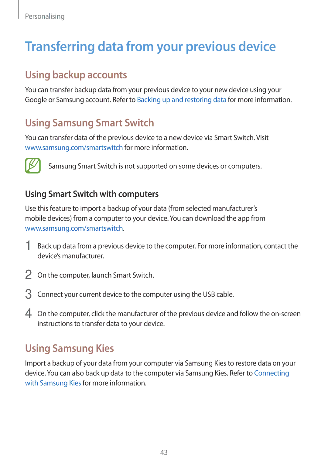 Samsung SM-G313HHAHKSA Transferring data from your previous device, Using backup accounts, Using Samsung Smart Switch 