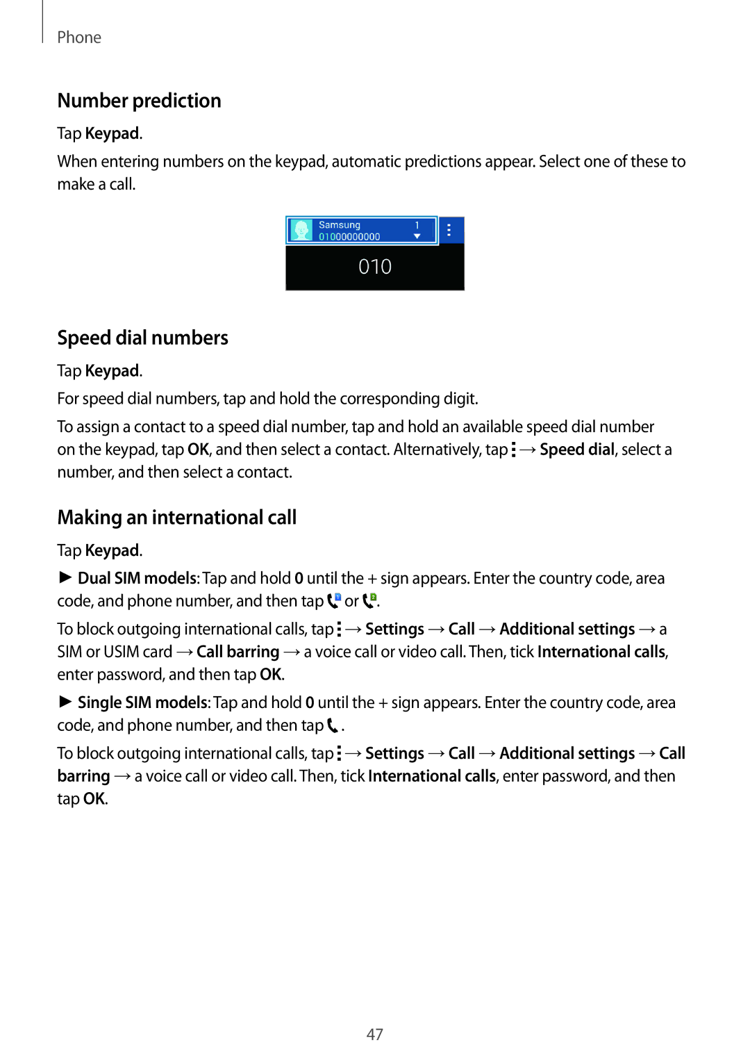 Samsung SM-G313HHAHSEE, SM-G313HHAHEGY Number prediction, Speed dial numbers, Making an international call, Tap Keypad 