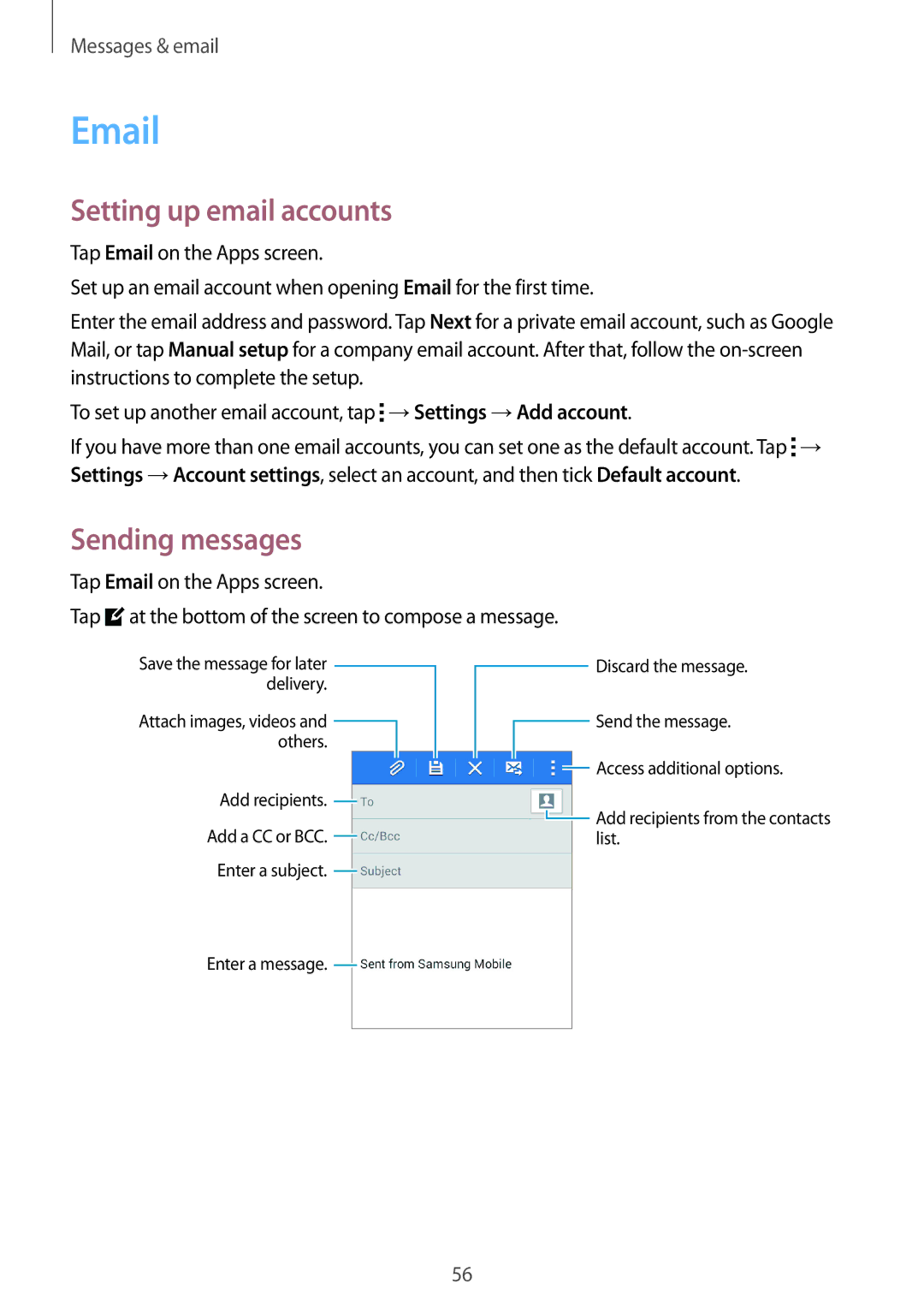 Samsung SM-G313HRWHLYS, SM-G313HHAHEGY, SM-G313HRWBTUN, SM-G313HRWHBTC manual Setting up email accounts, Sending messages 