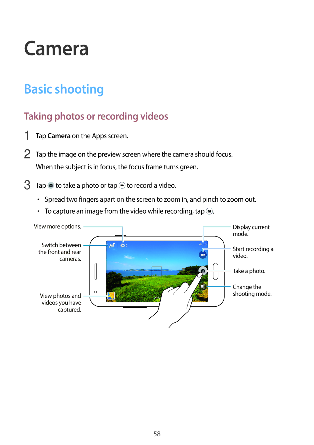 Samsung SM-G313HRWHPAK manual Basic shooting, Taking photos or recording videos, Tap Camera on the Apps screen 