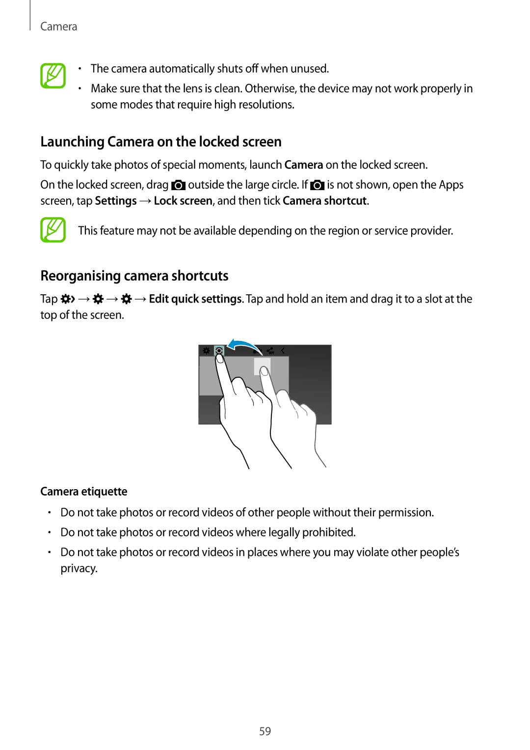 Samsung SM-G313HRWHSEE manual Launching Camera on the locked screen, Reorganising camera shortcuts, Camera etiquette 