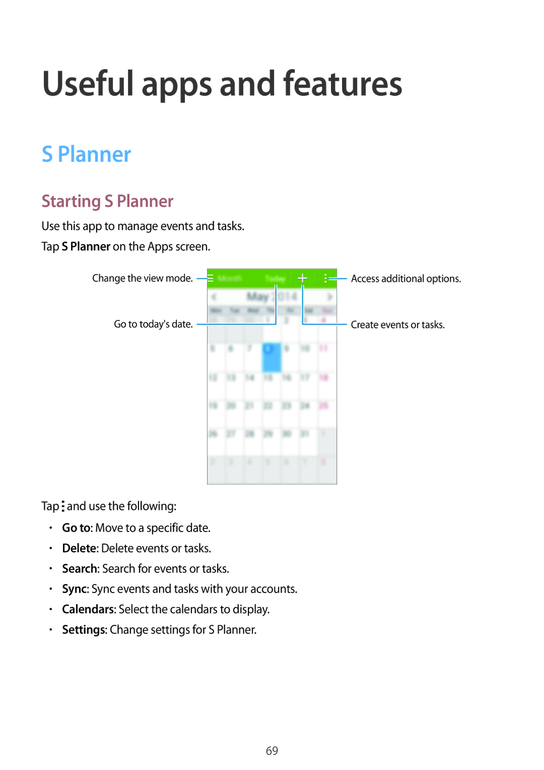 Samsung SM-G313HHAHBGL, SM-G313HHAHEGY, SM-G313HRWBTUN, SM-G313HRWHBTC manual Useful apps and features, Starting S Planner 