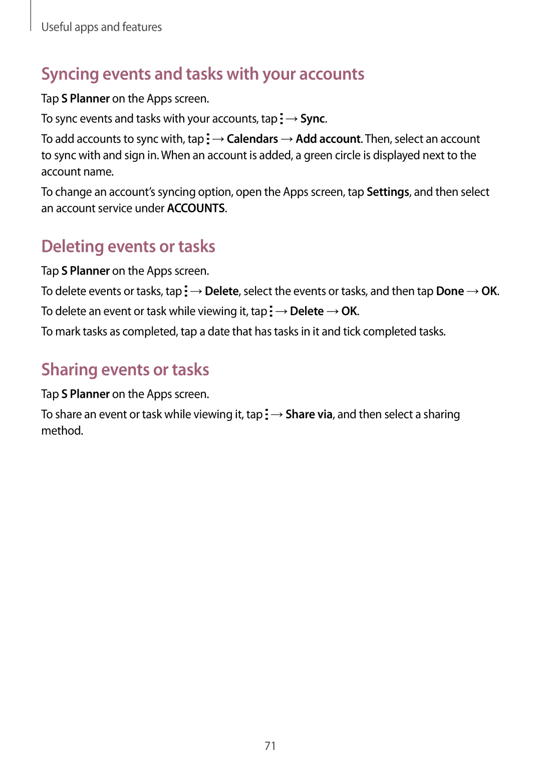 Samsung SM-G313HHAHCOA Syncing events and tasks with your accounts, Deleting events or tasks, Sharing events or tasks 