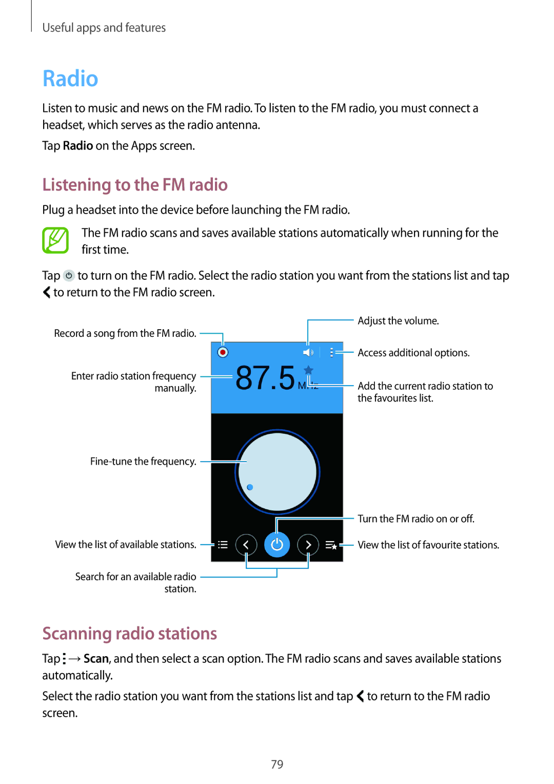 Samsung SM-G313HRWBTUN, SM-G313HHAHEGY, SM-G313HRWHBTC manual Radio, Listening to the FM radio, Scanning radio stations 