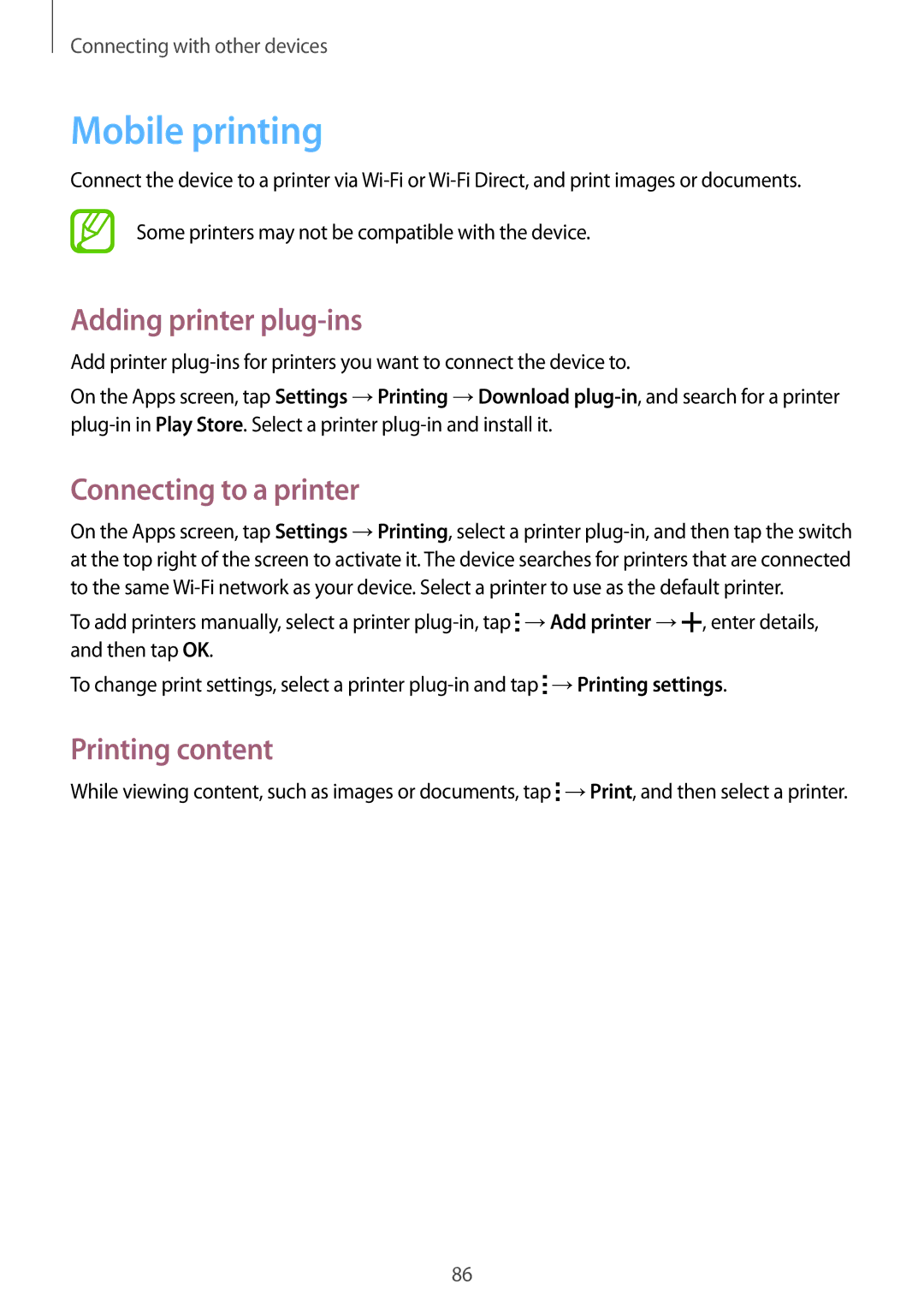 Samsung SM-G313HHAHSEE, SM-G313HHAHEGY Mobile printing, Adding printer plug-ins, Connecting to a printer, Printing content 